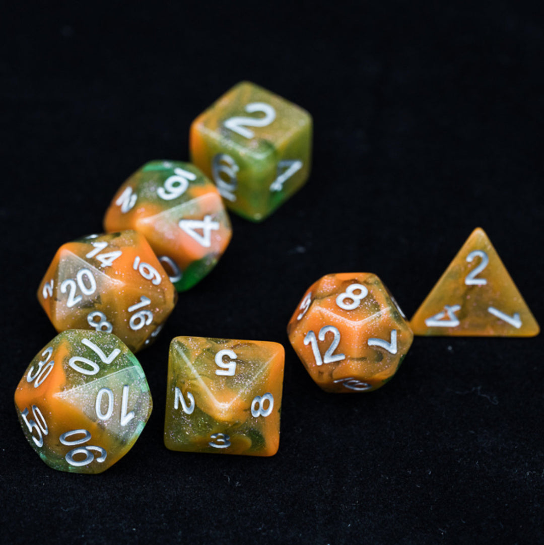 Ensemble de dés à paillettes mélange orange et vert