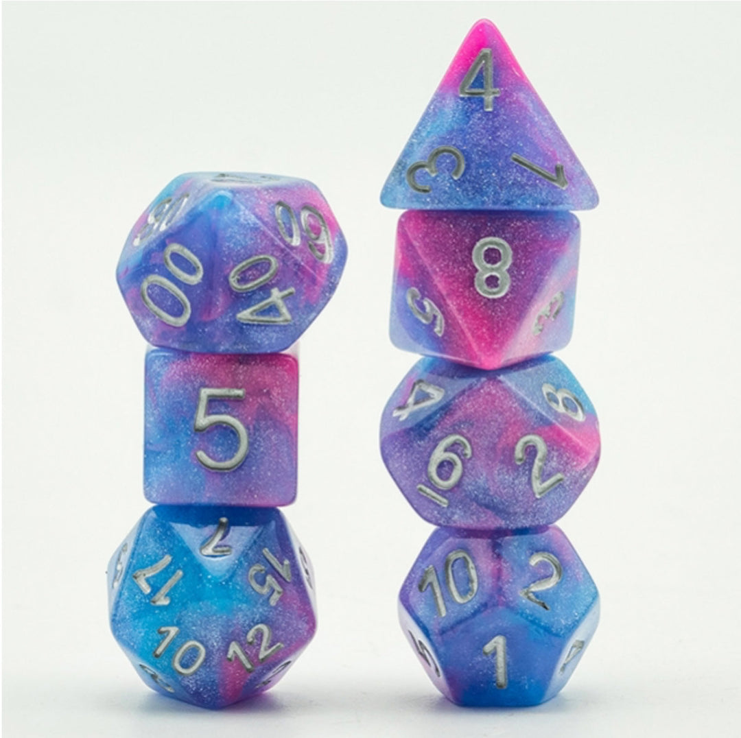Ensemble de dés à paillettes galaxie bleue et rose