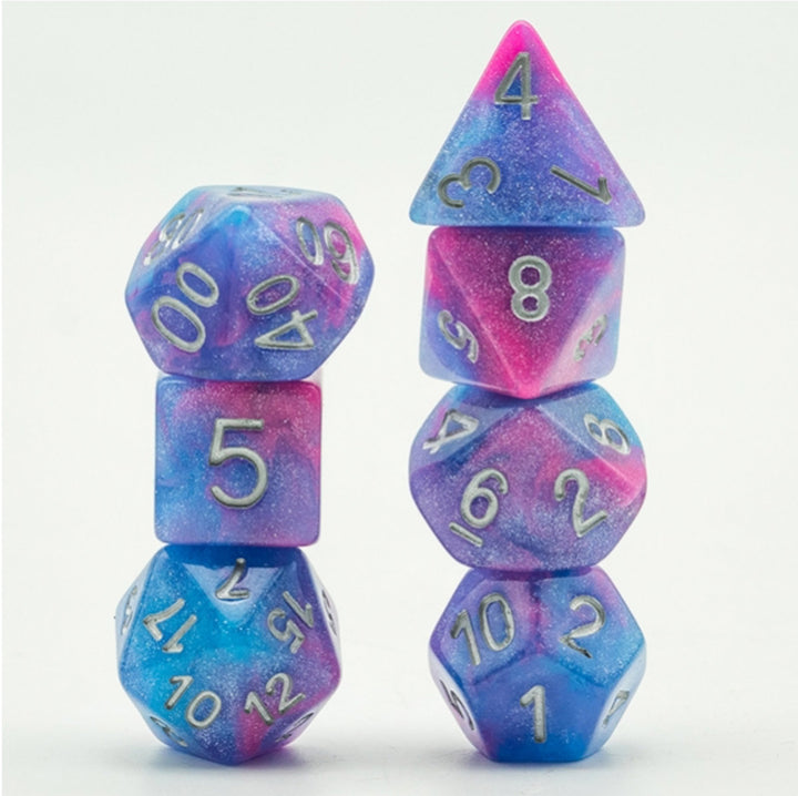 Ensemble de dés à paillettes galaxie bleue et rose