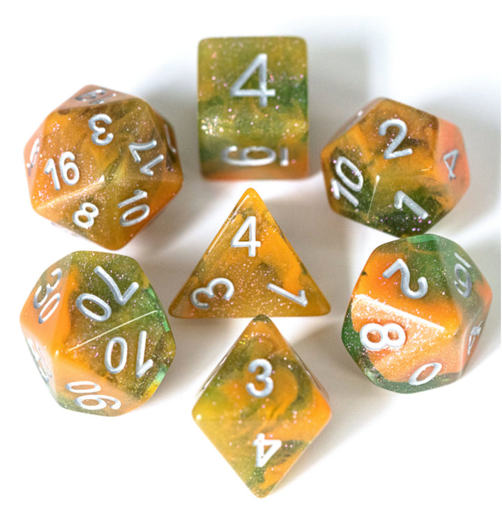 Ensemble de dés à paillettes mélange orange et vert