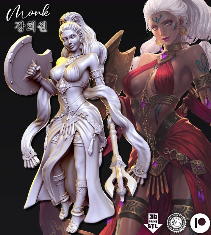 Monk Pinup |  32mm or 75mm Fantasy Miniature | D&D | Tabletop Games | RN Estudio