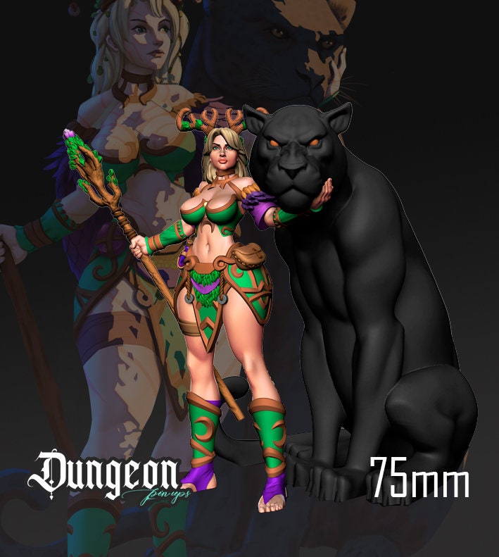 Shivon the Druid Pinup |  32mm or 75mm Fantasy Miniature | D&D | Tabletop Games | RN Estudio