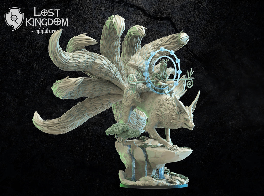 Hanako, Kitsune Druid on Kyubi | Fantasy Miniature | Dungeons and Dragons | DnD Miniature | Tabletop Game | RPG | Lost Kingdom Miniature