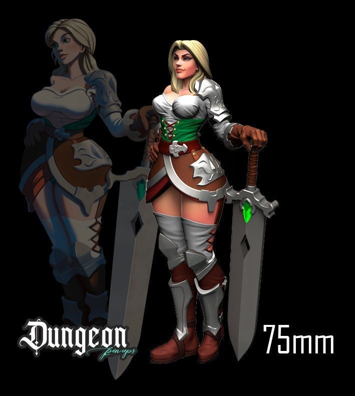 Female Warrior Pinup |  32mm or 75mm Fantasy Miniature | D&D | Tabletop Games | RN Estudio