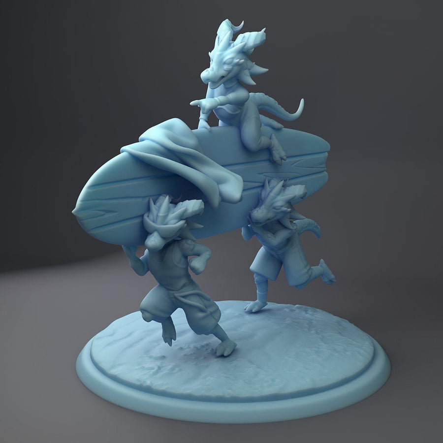 Surfing Kobold Amigos | Fantasy Miniature | DnD Miniature | Tabletop | Twin Goddess