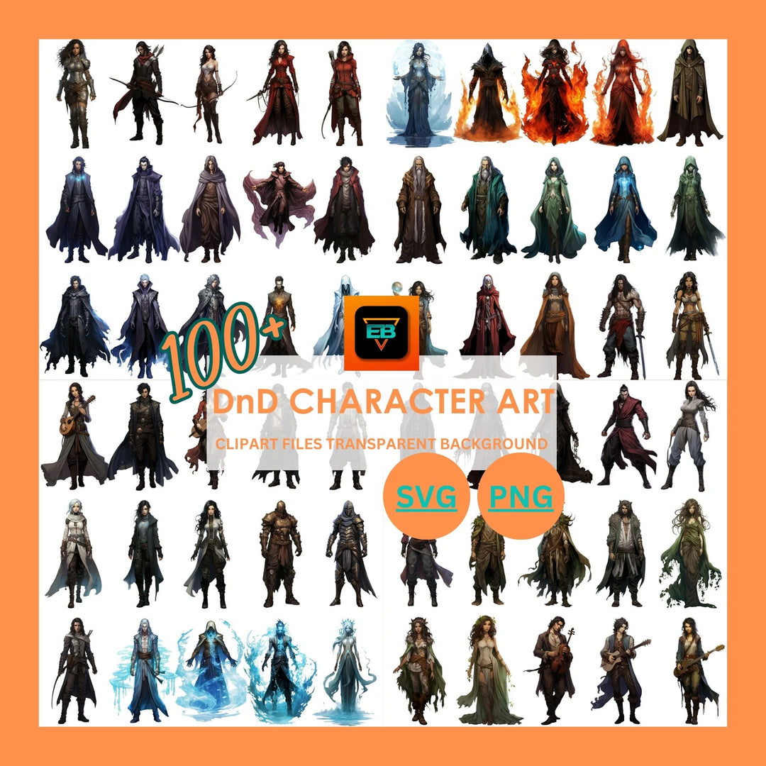 100+DnD Character Art, DnD SVG PNG, Transparent Background Digital Download