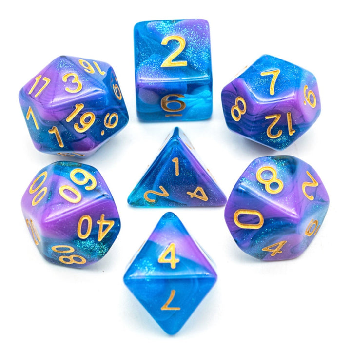 Wizard's Cloak Blue and Purple Glitter Dice Set (Gold Number)