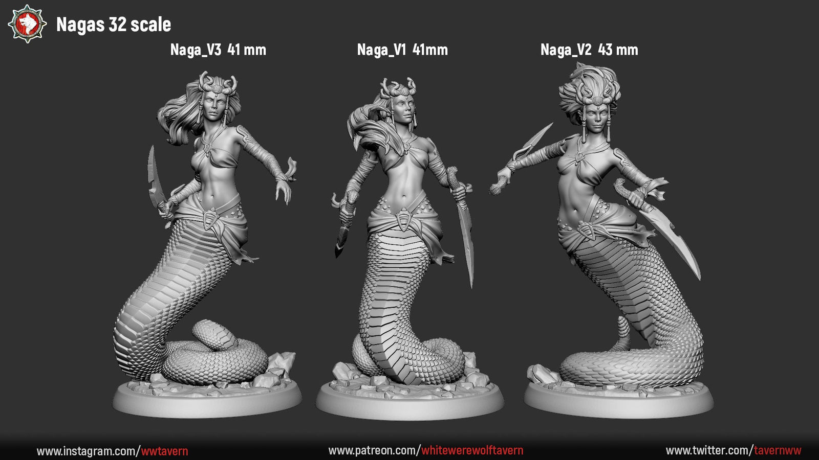 Naga Female Warriors 32mm or 75mm | Fantasy Resin Miniature | D&D | RPG | Tabletop Game | White Werewolf Tavern