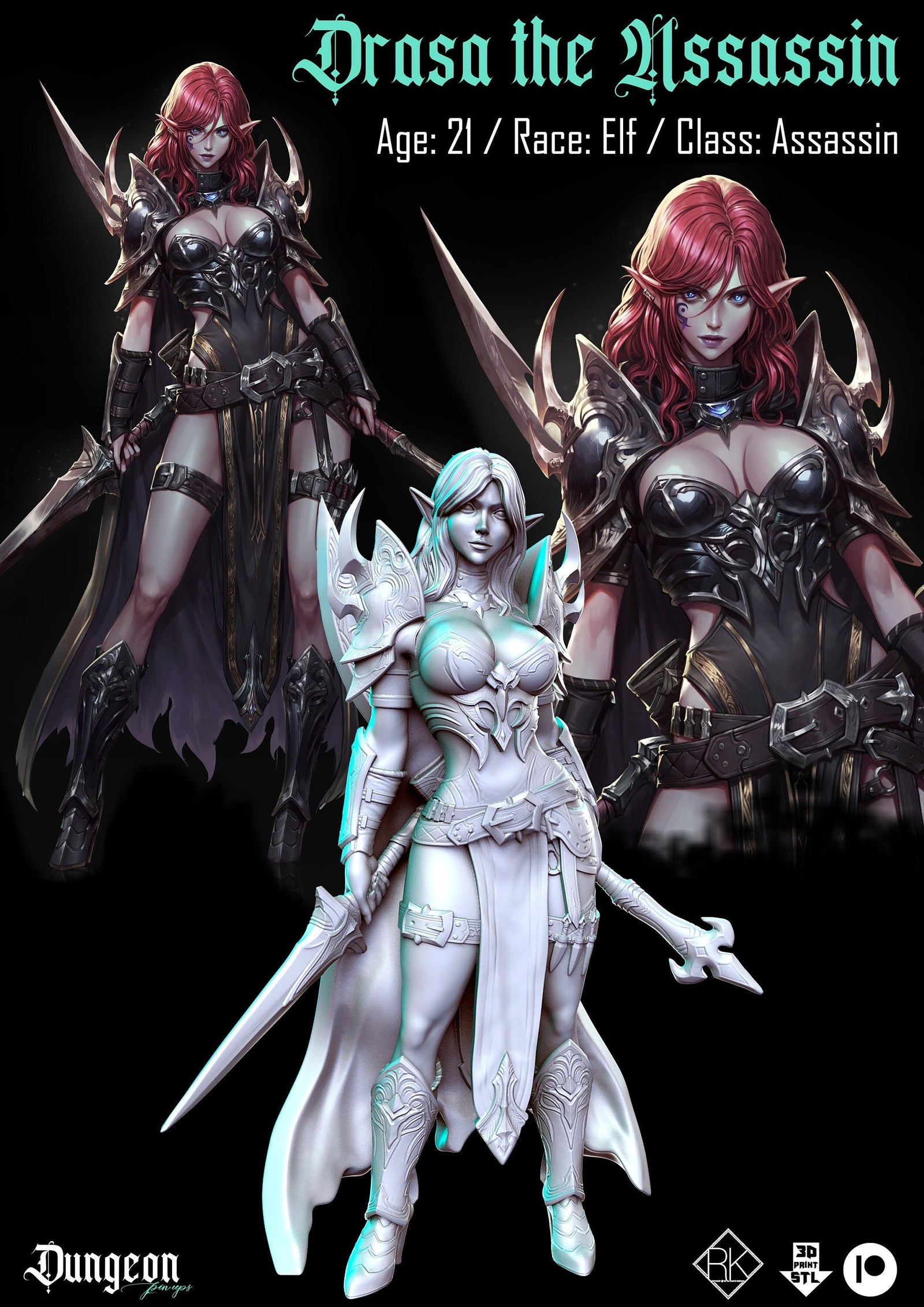 Drasa, the Assassin Pinup |  32mm or 75mm Fantasy Miniature | D&D | Tabletop Games | RN Estudio