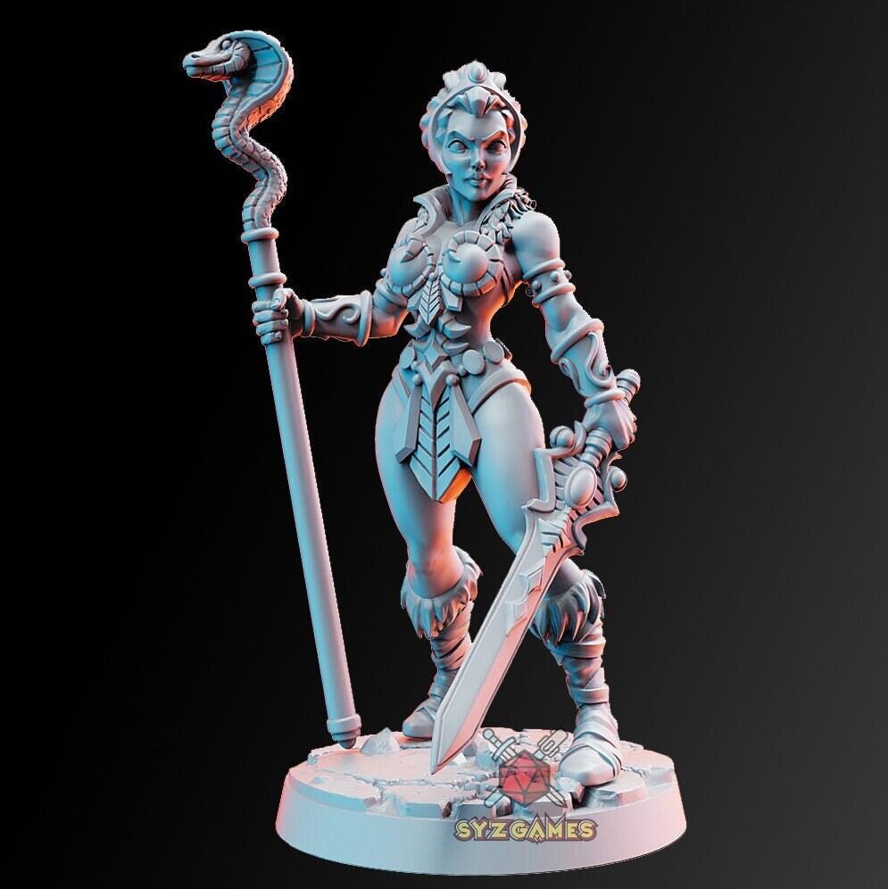 Sheela with Snakewand | 32mm or 28mm Fantasy Miniature | Dungeons & Dragons | Pathfinder | RPG | Tabletop | RN Estudio