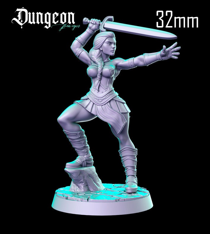 Shireenia the Barbarian |  32mm or 75mm Fantasy Miniature | D&D | Tabletop Games | RN Estudio