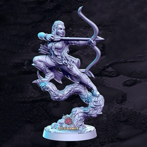 Aurielle with bow, Female Elven Archer | 32mm or 28mm Fantasy Miniature | Dungeons & Dragons | Pathfinder | RPG | Tabletop | RN Estudio